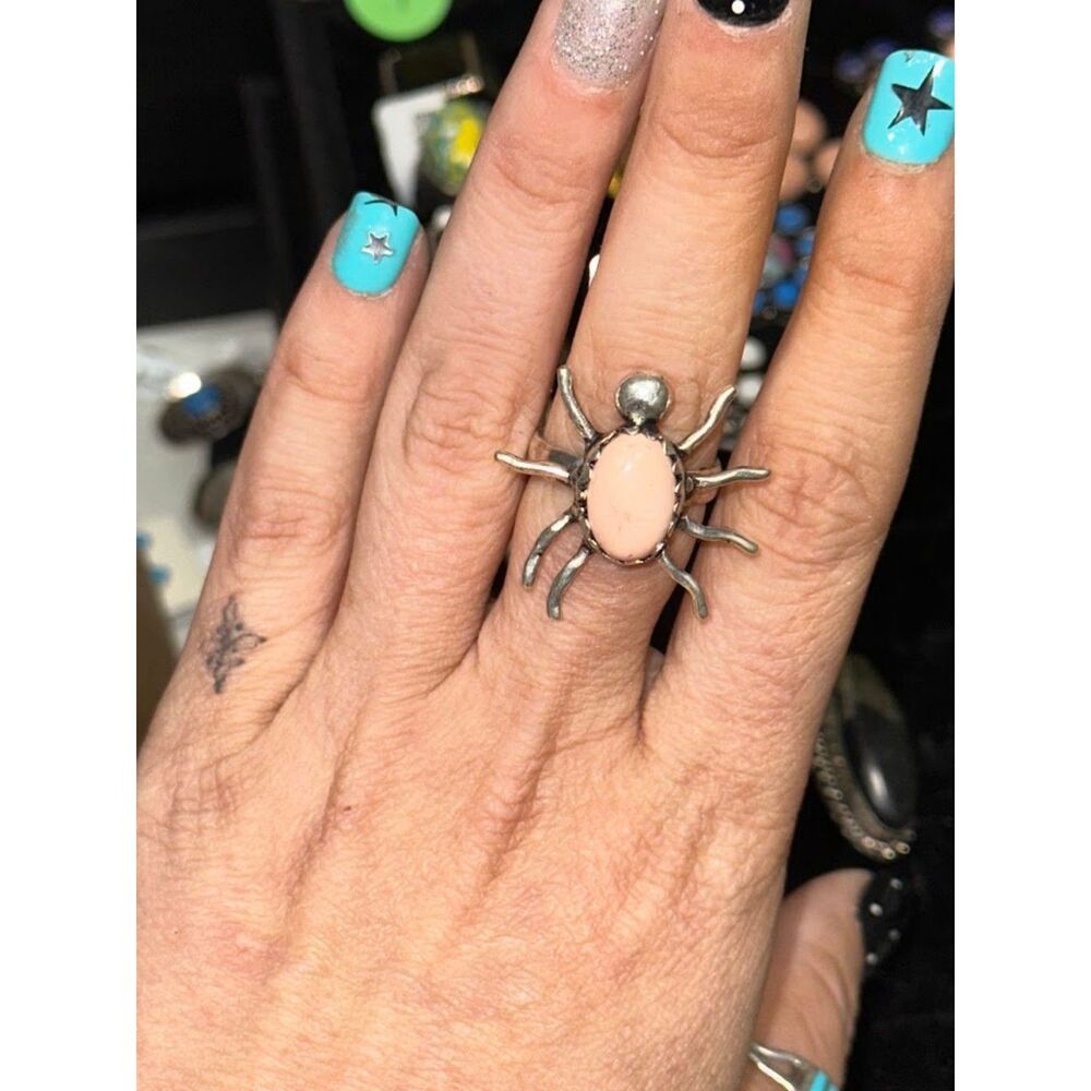 Pink Conch Spider Sterling Silver Overlay Ring Size 9